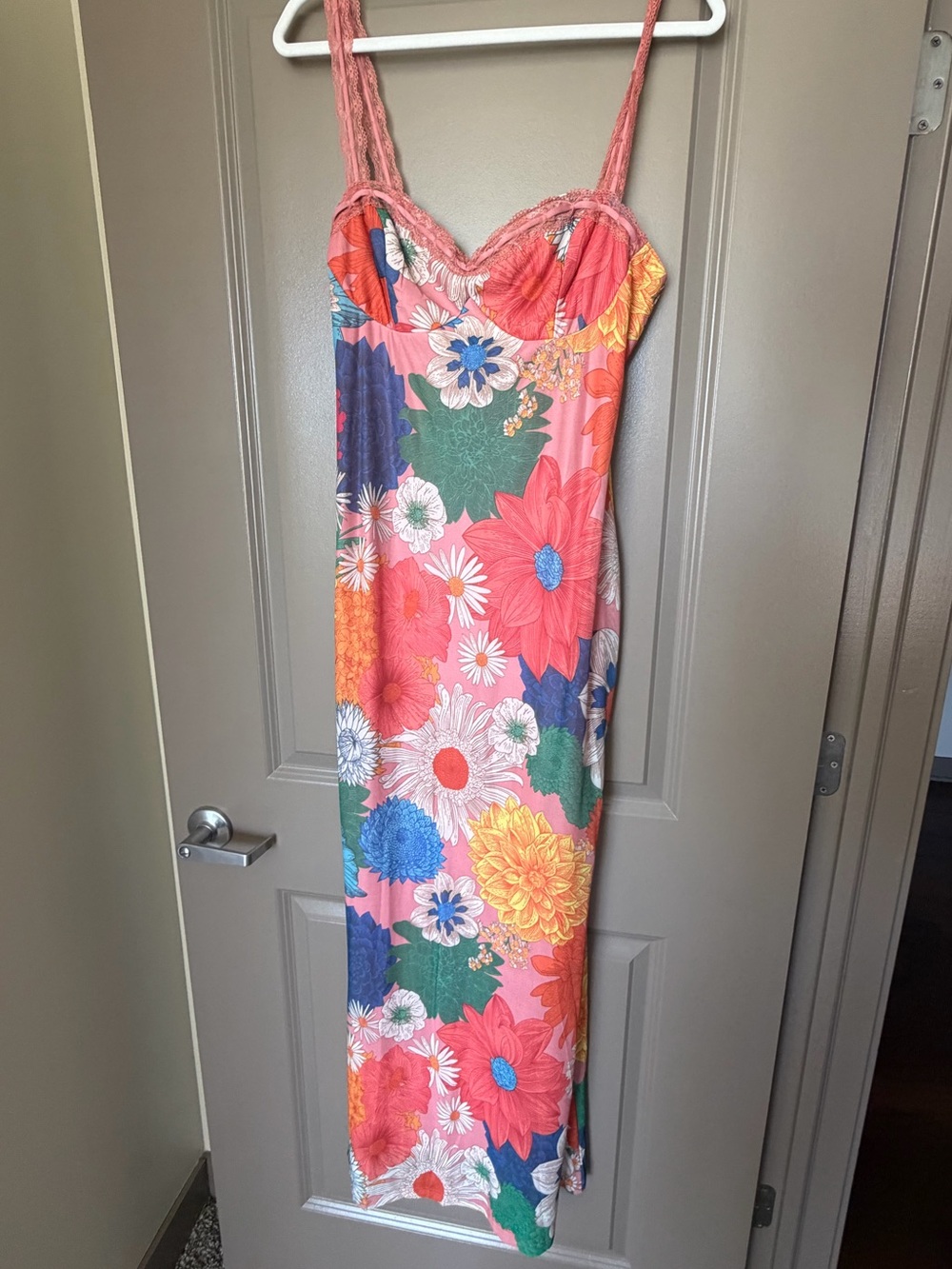 Selfie Leslie Coral Floral Maxi Slip Dress with Multicolor Blooms